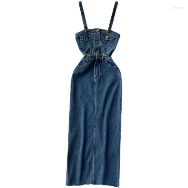 Robes de travail Femmes Design denim Longes jupes longues bouton sans bretelles