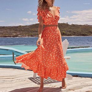 Werkjurken Dames Elegante Polka Dot Print Vakantiejurk Lente Sexy Diepe V-hals Backless Lange Zomer Vlindermouwen Boho Strand