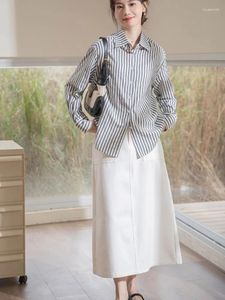 Vestidos de trabajo mujeres falda elegante set de 2 piezas de oficina dama casual camisa de rayas casual cintura de cintura blanca ropa de verano ropa mujer