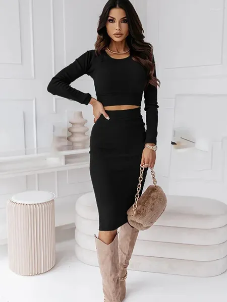 Vestidos de trabajo Mujeres Elegante Slim Conjunto de 2 piezas Otoño Invierno Manga larga O-cuello Bodycon Crop Top Falda lápiz Conjuntos casuales Trajes de fiesta para mujer