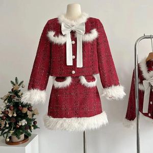Robes de travail Femmes Elegant Tweed Red Cost Blazer Jacket Coat Top et mini jupe Ensemble en deux pièces tenue assortie Vêtements de bureau d'hiver