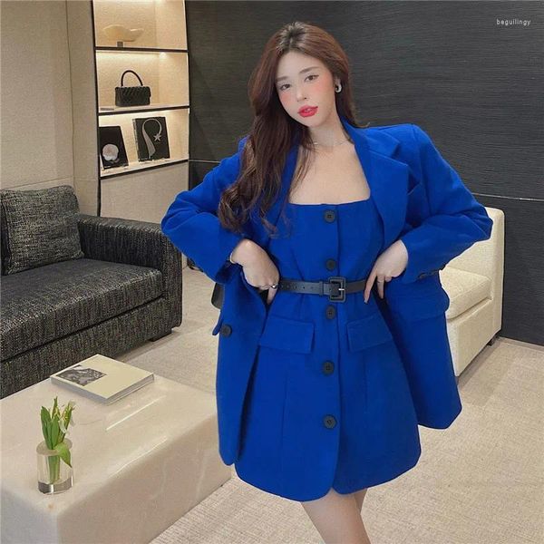 Vestidos de trabajo Moda para mujer Trajes de vestir de 2 piezas Azul Negro Con cinturón Una línea Vestido Blazer de manga larga Trajes de chaqueta Elegante dama Conjuntos de falda de 2 piezas