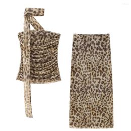 Vestidos de trabajo Fashion Fashion 2 piezas Set Tul Leopard Tops Plisado Tops Vintage Falda Midi de Midi Femenina Femenina Femenina
