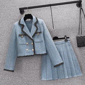 Vestidos de trabajo Mujeres Moda Elegante Tweed Jacquard Traje Blazer Jackert Abrigo Top y falda Conjunto de dos piezas Traje 2023 Invierno Corea Ropa