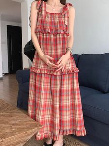 Robes de travail Femmes Fashion Contrast lâche Plaid Tops Square Neck Ruffle Splicced Caused Sling Robe Suits 2024 Summer Tide Set Y253