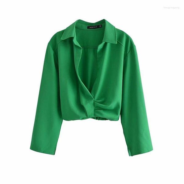 Robes de travail Femmes Mode Col Rabattu Noué Vert Chemisier Court Robe Ensemble Femme À Manches Longues Chemise Mince Costume Femme Chic Crop Top