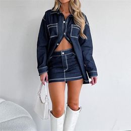 Werkjurken Vrouwen Mode Vintage Casual Denim Set 2023 Losse lange mouw Blouse Tops Mini Wrap Sexy Club Rok Tweedelige