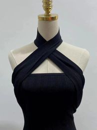 Robes de travail femmes licou croix col en v tricot débardeur sans manches tricots côtelés ou taille haute frangée garniture jupe Midi ensemble