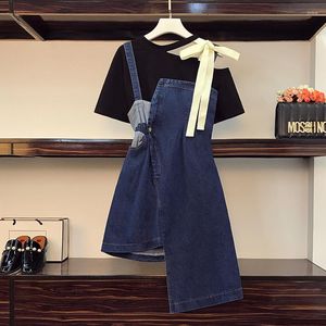 Werkjurken vrouwen onregelmatige denimjurk 2023 Zomersets 4xl boog t -shirt jeans sundress suit casual cowboy vrouwelijke kleding