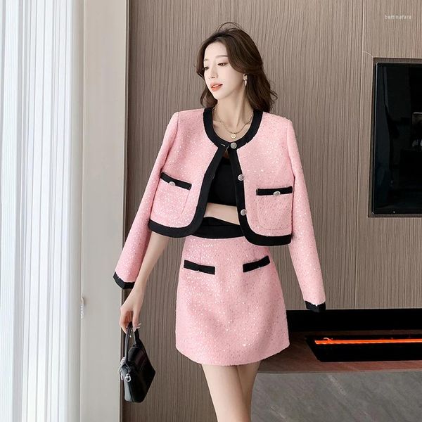 Robes de travail femmes Jacquard Tweed élégant Chic costume Jacke manteau haut et jupe 2 pièces ensemble tenue femme paillettes bal fête rose Y2K vêtements