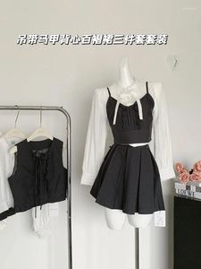 Vestidos de trabajo Mujeres Corea preppy Vintage Mori Girl Outfits de 3 piezas BLUSAS DE MANAVA LAGA Camisole Vest A-Line Mini Pleated Faldas plisadas