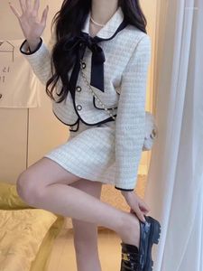 Werkjurken vrouwen Koreaanse kleine geur jas rokpak herfst beroemdheid temperament bowknot bovenste halve geruite rokken mode tweedelige set