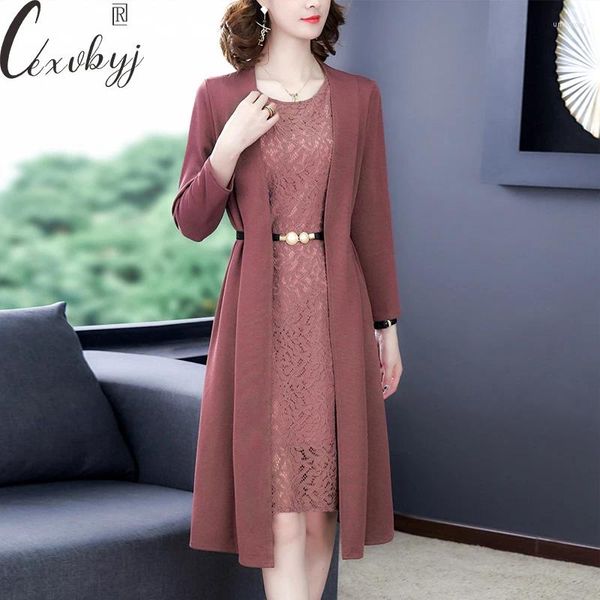 Robes de travail Femmes en dentelle Elegant Cost Fall Casual Cardigans Veste et haut à manches longues avec ceinture deux peice plus taille Maman vintage