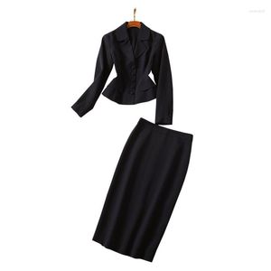 Werkjurken Dames Office Suit Set Tweedelige kleding Outfits Single Breasted Knopen Korte jas Midi Kokerrok