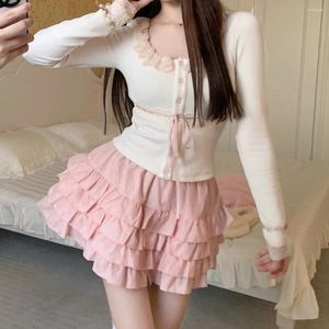 Robes de travail femmes Patchwork Kawaii deux pièces ensemble nœud Y2k Slash cou gâteau doux mini jupe costume fille mode coréenne décontracté mignon rose ensembles