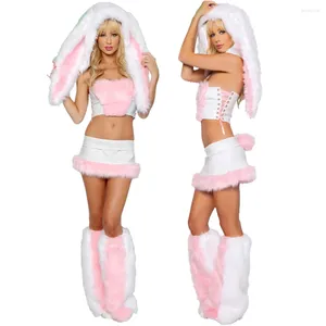 Robes de travail Femmes Pink Costume mignon Halloween Furry Tube Top Couleur solide Sexy Girl Bar Role Play Mini Jirt Costume