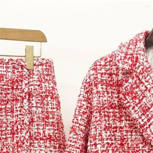 Robes de travail Femmes Pinkes Semelled Tweed Coat Jupe Costume 2024 Début du printemps Dames Netchée Veste à douces à manches longues ou mini