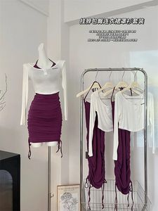 Werkjurken vrouwen paarse jurken sets passen vintage t-shirt met lange mouwen en A-line mini y2k 90s Koreaanse elegante 2000s kleding zomer 2024