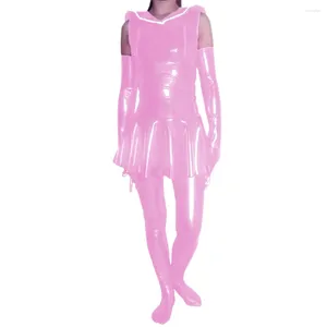 Robes de travail Femmes PVC Faux Tox Sexy Sexy Doll Collar sans manches Mini robe bassages Gants Set High Street Cosplay Costumes Clubwear S-7xl