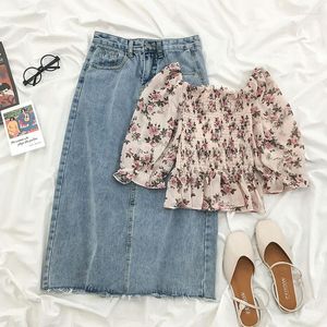 Werk Jurken Vrouwen Ruches Bloemen Korte Crop Top 2 Stuks En Denim Lange Rok Set 2023 Casual Slanke Elegante chiffon Shirt Blouse Split