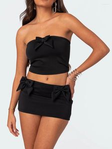 Robes de travail Ensemble 2 pièces jupe sexy pour femmes, épaules dénudées, nœud 3D, couleur unie, hauts tubulaires, taille élastique, moulante, mini tenue d'été