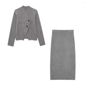 Robes de travail pour femmes, costume 2 pièces, mode tricoté, Double Cardigan, manteau rétro, manches longues, jupe à taille élastique, 2024