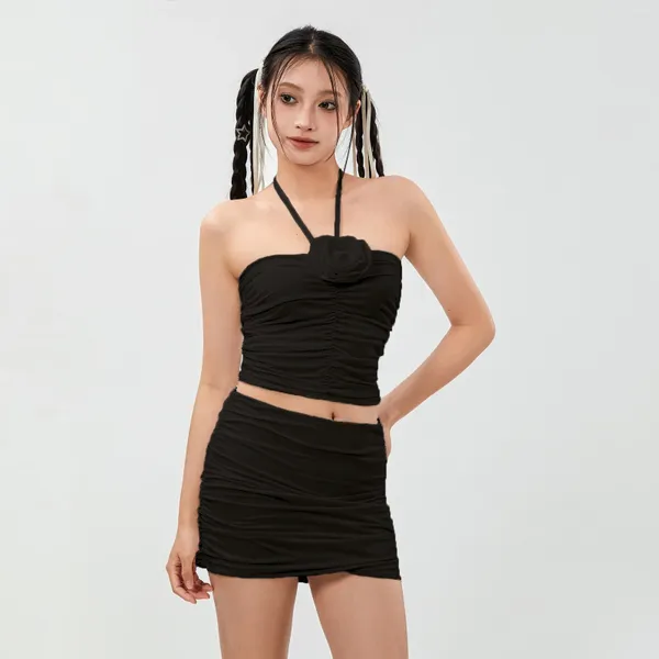 Vestidos de Trabajo Mujer 2 Piezas Color Sólido Trajes de Verano Flor 3D Fruncido Atar Cuello Halter Camisetas Sin Mangas Mini Faldas Conjunto de Ropa