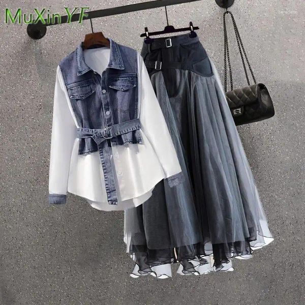 Vestidos de trabajo Mujer 2023 Primavera Otoño Moda Camisa vaquera Malla Falda midi Dos piezas Coreano Elegante Blusa de manga larga Vestido Conjunto a juego