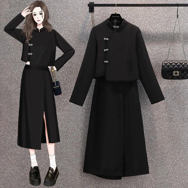 Vestidos de trabajo Otoño de las mujeres más traje corto chino falda conjunto vintage negro hebilla soporte collar abrigo conjuntos de dos piezas para mujer Outifit