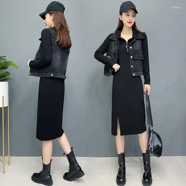 Vestidos de trabajo Traje de otoño para mujer Chaleco de mezclilla Vestido con capucha Casual Estudiante Negro Azul BF Conjuntos de dos piezas Mujer