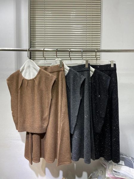 Robes de travail Femmes Automne Et Hiver Travail Lourd Paillettes Cachemire Tricot Costume Sans Manches Maillot De Corps Élastique Demi-Jupe Deux Pièces Femme B C