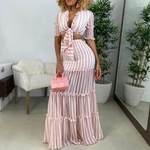 Werkjurken damesmode gestreepte tweedelig jurksets vrouwelijke zomer Boemische sexy maxi lange rokken en slanke tie front crop tops 2pcs