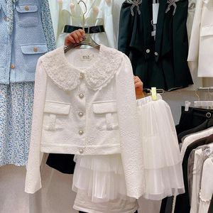 Werk jurken dames lente herfst geurige stijl tweedelige set Franse unieke kanten nek veelzijdige jas mesh pluizige rokpakken