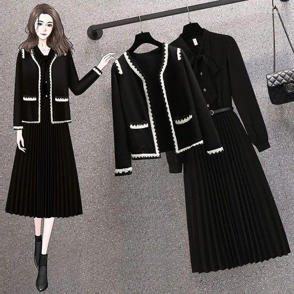 Robes de travail Femmes Printemps Automne En Ensemble Assorti Coréen Élégant Noir Tricoté Cardigan Manteau Robe À Manches Longues Deux Pièces Costume Féminin