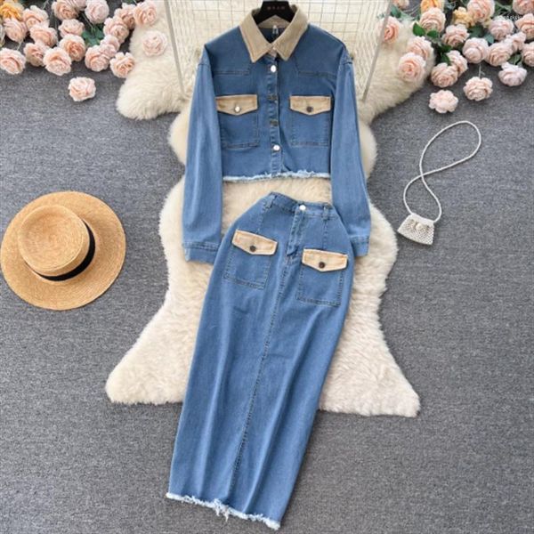 Robes de travail costume pour femmes couleur revers Denim manteau courte jupe pleine longueur deux ensembles de mode