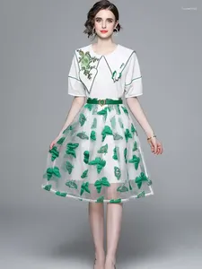 Werk jurken dames zomer mode elegante kantoor outfits borduurwerk bloemen blouses tops mesh vlinder rok 2 -delige set