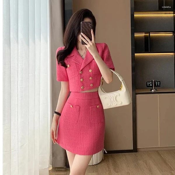 Vestidos de trabajo Conjunto de falda de una línea con top de lana rojo rosa de verano para mujer Trajes de salidas nobles