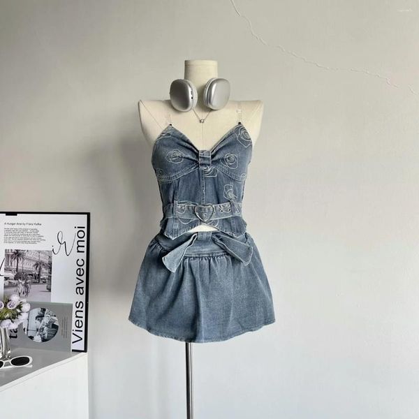 Robes de travail d'été pour femmes, ensemble 2 pièces Sexy, bretelles Spaghetti, hauts en jean, taille haute, jupe en jean