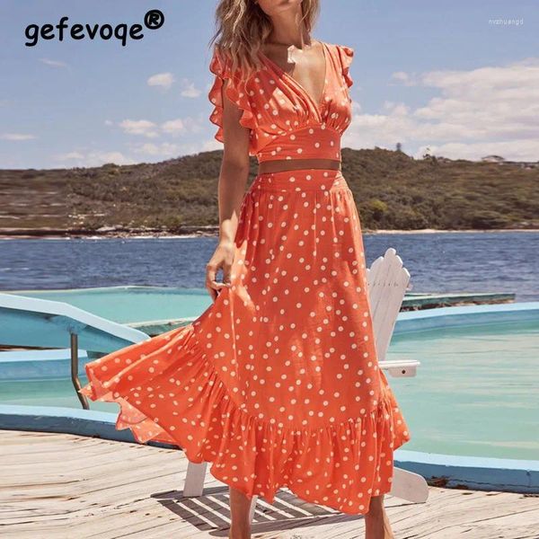 Robes de travail Femme Sexy Sexy en V Deep en V Rouffes sans dossais Polka Polka Print Crop Top Bamis Vacation Long Two Piece Jirt Sett MAXI JURTS