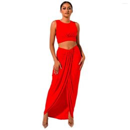 Vestidos de trabajo, traje de verano para mujer, Top corto de moda rojo, conjunto de falda larga Sexy de dos piezas, faldas Maxi para mujer y ropa coreana recortada