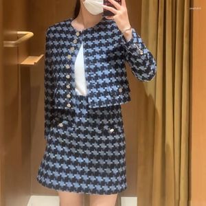 Vestidos de trabajo Conjunto de cuadros de Tweed para mujer, chaqueta con cuello redondo de manga larga con un solo pecho o minifalda elegante de cintura alta