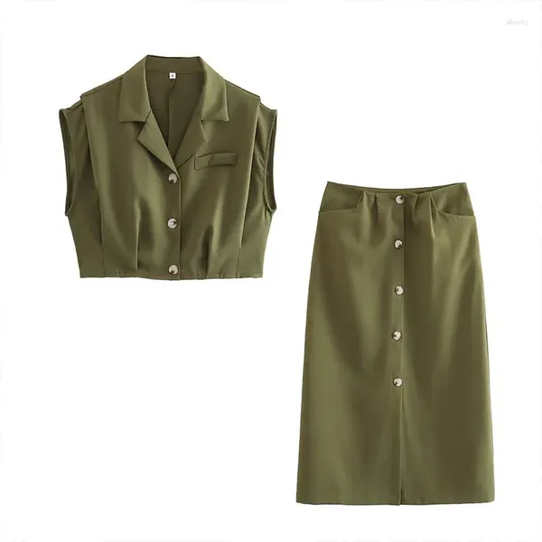 Vestidos de trabajo Dos piezas para mujer 2023 Casual Solapa de un solo pecho Chaleco verde militar Falda de medio cuerpo dividida de cintura alta Traje elegante