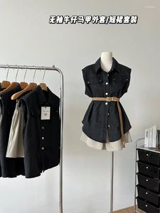 Werkjurken Tweedelige set voor dames Vintage hoge taille minirok en mouwloos shirt Top Dames Y2K Koreaanse elegante mode 2024