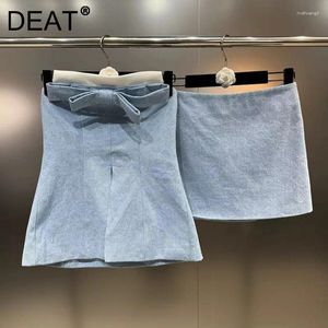 Werkjurken Dames tweedelige set Splited Bows Denim Strapless Tops Zipper High Taille Mini Skrits Suits Female 2024 Summer 33A1299