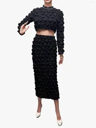 Werkjurken Women's Water Drops Bubble Long Sleeve Top-Skirt Set Bodycon Casual High Taille Maxi Rok Plus Size Autumn 2024