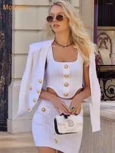 Werk jurken dames witte knop elastische strakke bandageset sexy crop top potlood korte rok tweedelige beroemde feestclub kleding