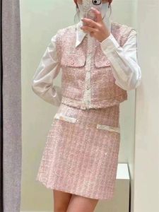 Robes de travail Femmes Sequin Tweed Set Pink A-Line Mini jupe ou cou rond Single à manches à manches simples à manches