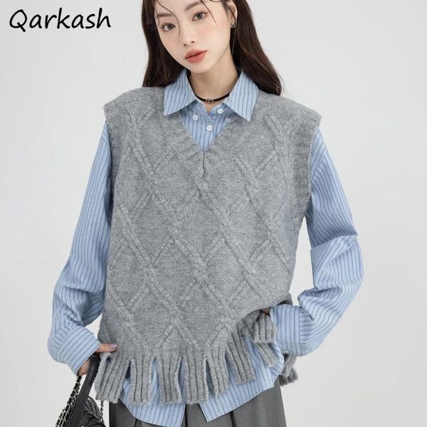 Robes de travail Femmes Ensembles Pull tricoté Gilets Chemises bleues Gland Simple Style Preppy coréen Fille douce Argyle Rayé Tout-match Streetwear