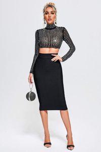 Werk Jurken Vrouwen Sexy Zwarte Lange Mouwen Strass Mesh Tops O Hals Tweedelige Bandage Bodycon Midi Rokken Set Fashion party Vieren