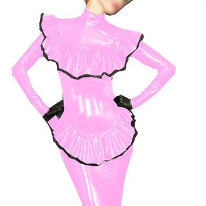 Werkjurken vrouwen sexy ruches lederen jurk nat look pvc avond avondje uit feestpakket hip evenement plus size kale borst pakken split